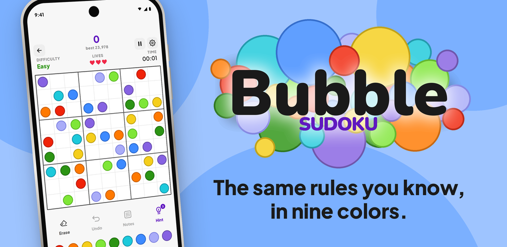 Bubble Sudoku banner with a phone showing a color sudoku board